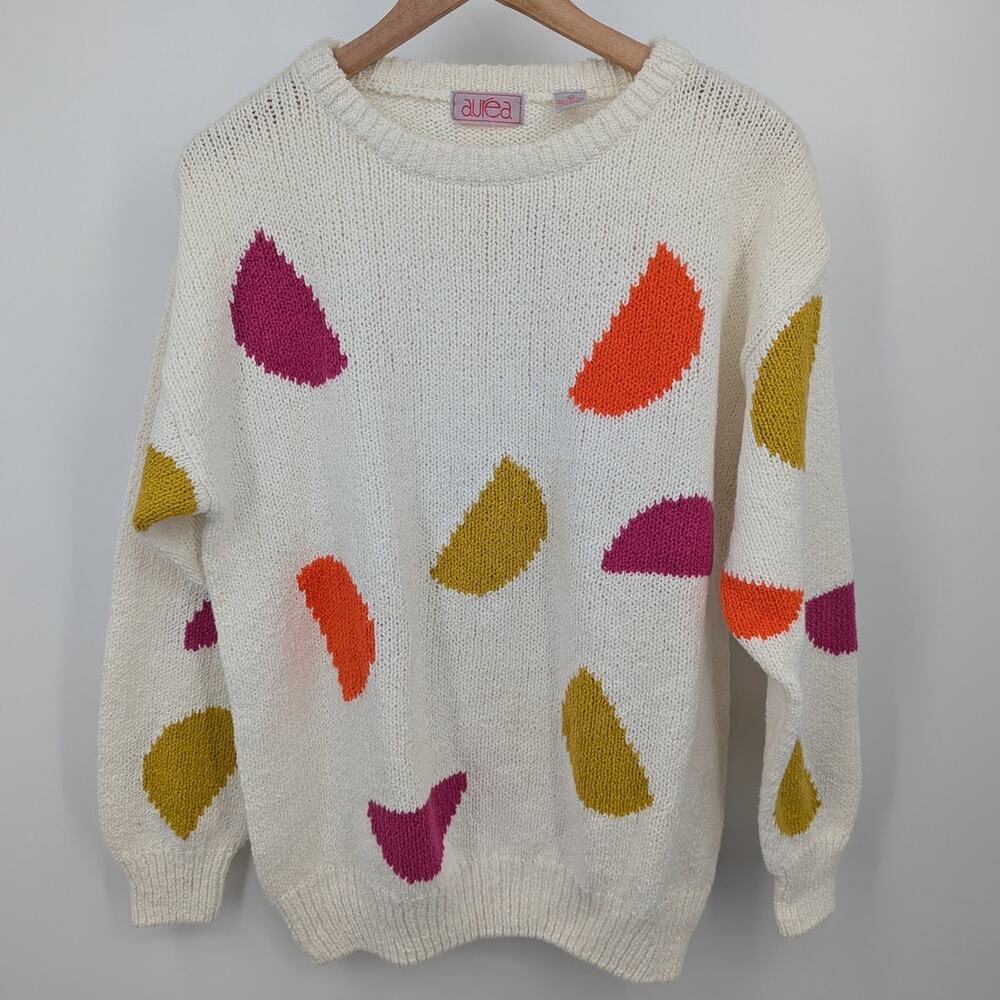Vintage 80s Aurea NWT Abstract Knit Sweater Womens L Cream Colorful Pullover